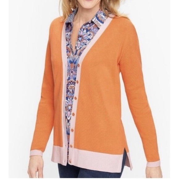 Talbots Women M Cardigan Sweater Orange Cream Baby Pink Gold Button Cotton Blend - Picture 13 of 14